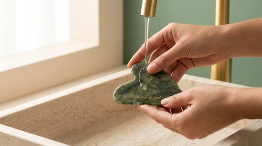 Mains rinçant à l'eau tiède un gua sha en jade véritable gravé Le Rituel de Jade, geste d'entretien du rituel skincare