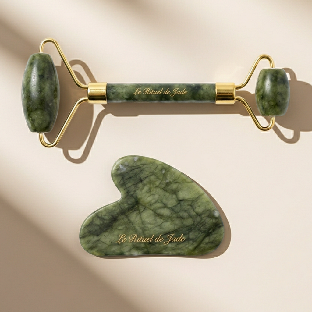 Coffret gua sha et rouleau de jade véritable, vue de dessus