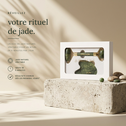Coffret gua sha et rouleau en jade véritable, mise en scène