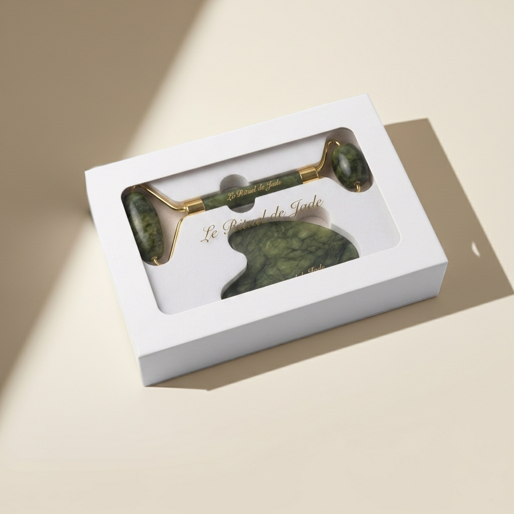 Gua sha et rouleau en jade véritable dans leur écrin